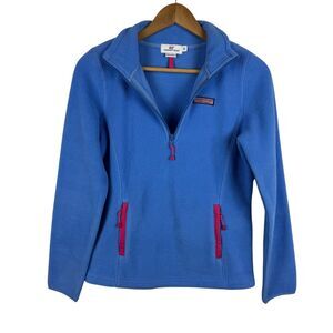 Vineyard Vines Womens Fleece Pullover Jacket Quarter Zip Pockets Blue Pink Sz XS